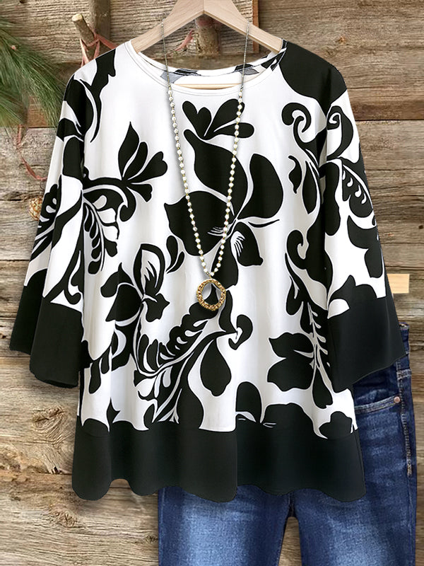 Black &amp; White Bold Floral Sleeve Blouse
