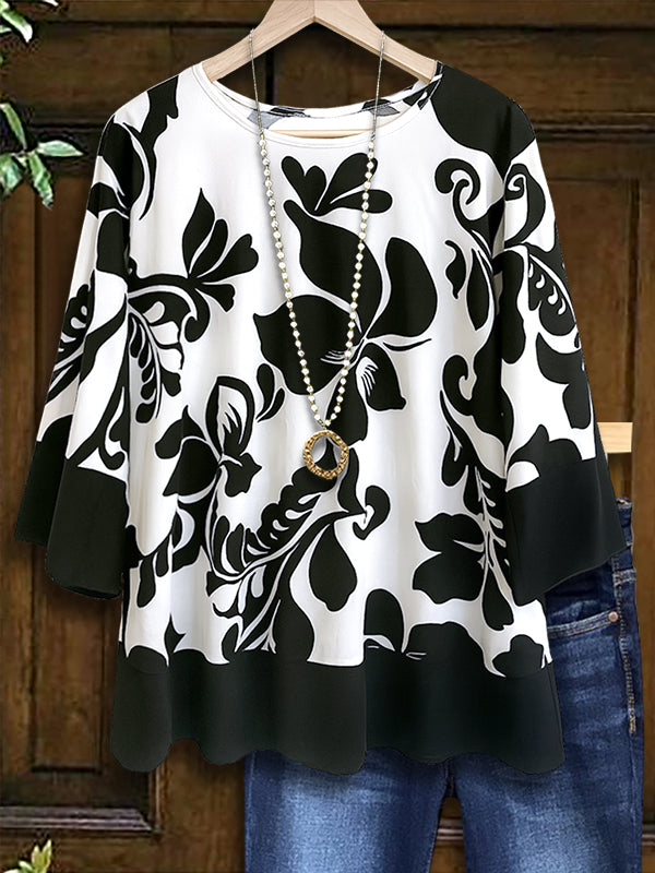 Black &amp; White Bold Floral Sleeve Blouse