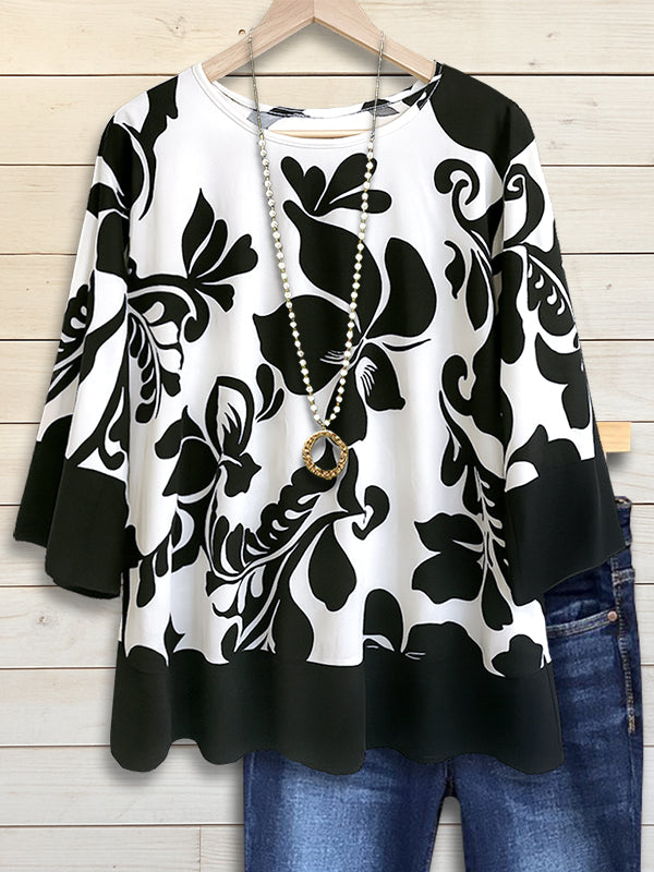 Black &amp; White Bold Floral Sleeve Blouse