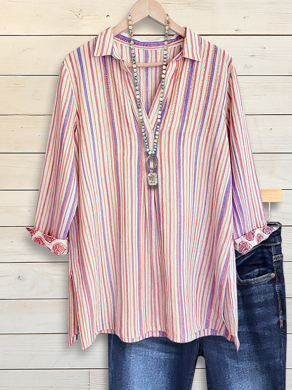 Striped Collar V-Neck Shirt