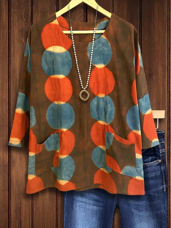 Round Neck Retro Dot Pocket Blouse