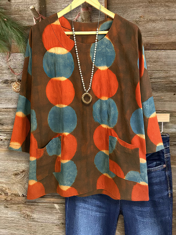 Round Neck Retro Dot Pocket Blouse