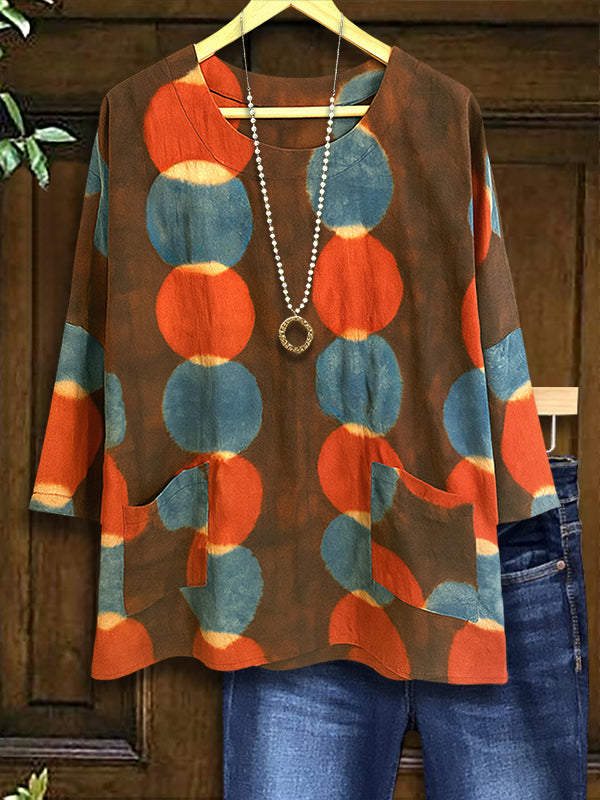 Round Neck Retro Dot Pocket Blouse