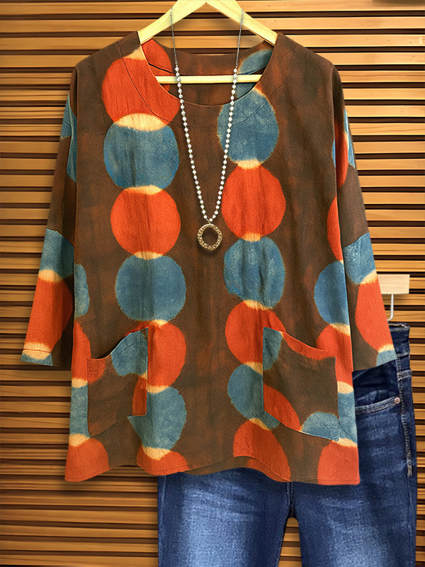 Round Neck Retro Dot Pocket Blouse