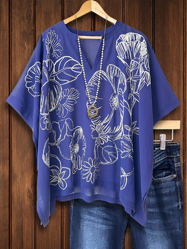 V-Neck Oversized Navy Floral Top