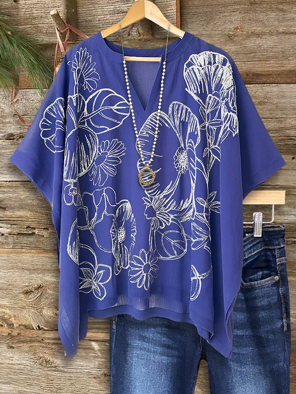 V-Neck Oversized Navy Floral Top