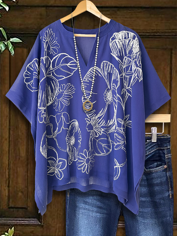 V-Neck Oversized Navy Floral Top