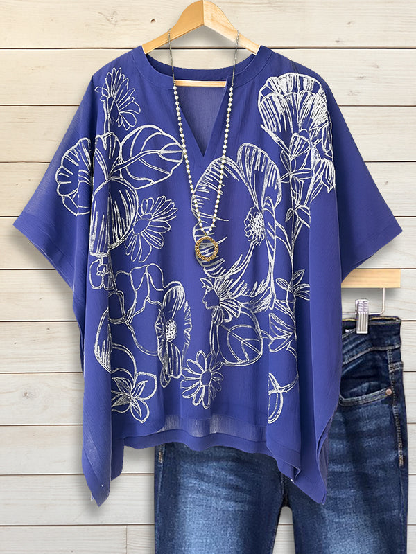 V-Neck Oversized Navy Floral Top
