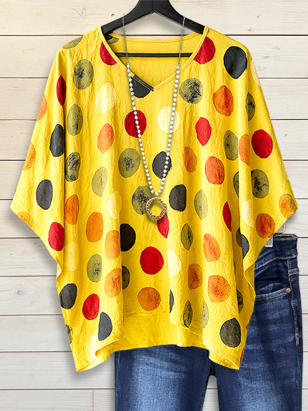 V-Neck Batwing Sleeve Polka Dot Blouse