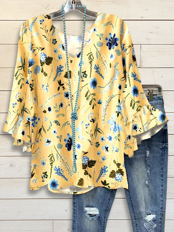 Ruffled Sleeve Round Neck Buttercup Blouse