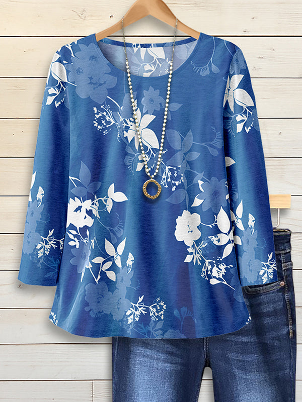 Round Neck Long Sleeve Shadow Floral Tee