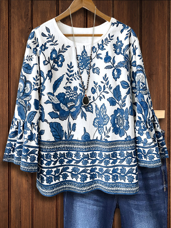 Bell Sleeve Blue &amp; White Floral Border Blouse