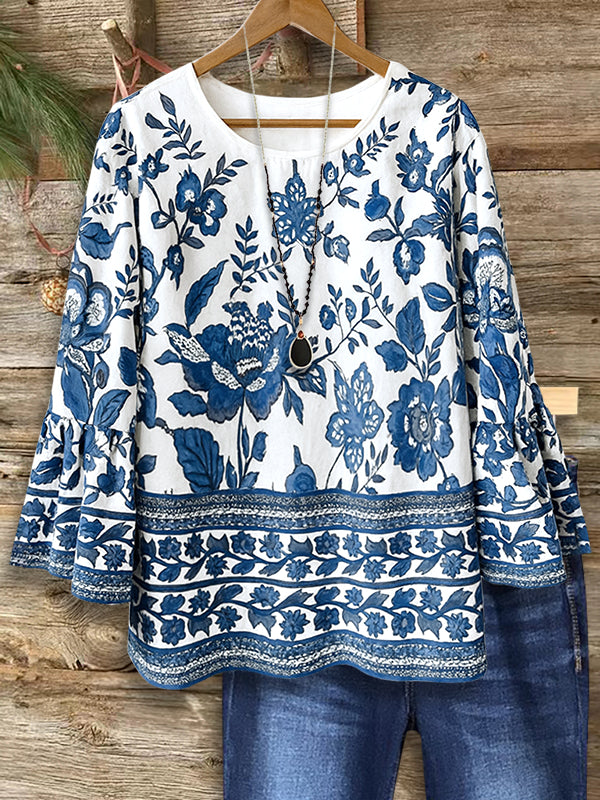 Bell Sleeve Blue &amp; White Floral Border Blouse