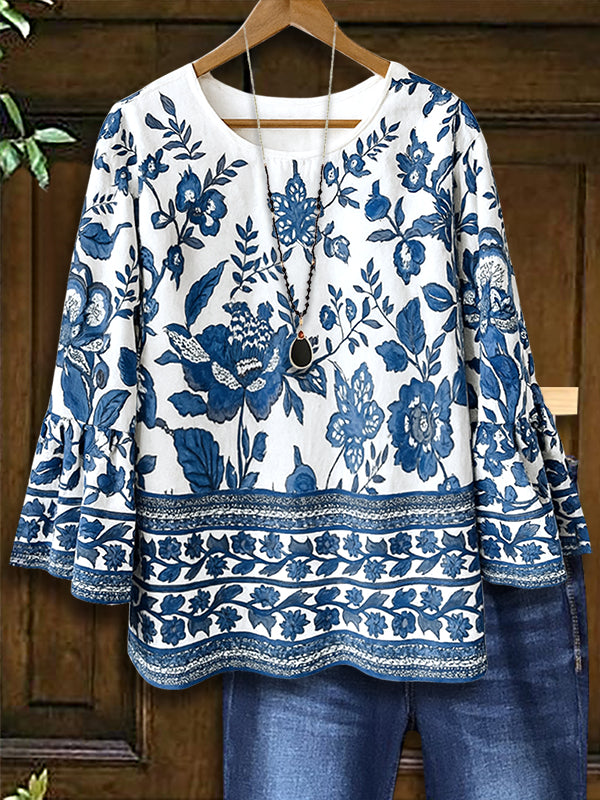 Bell Sleeve Blue &amp; White Floral Border Blouse