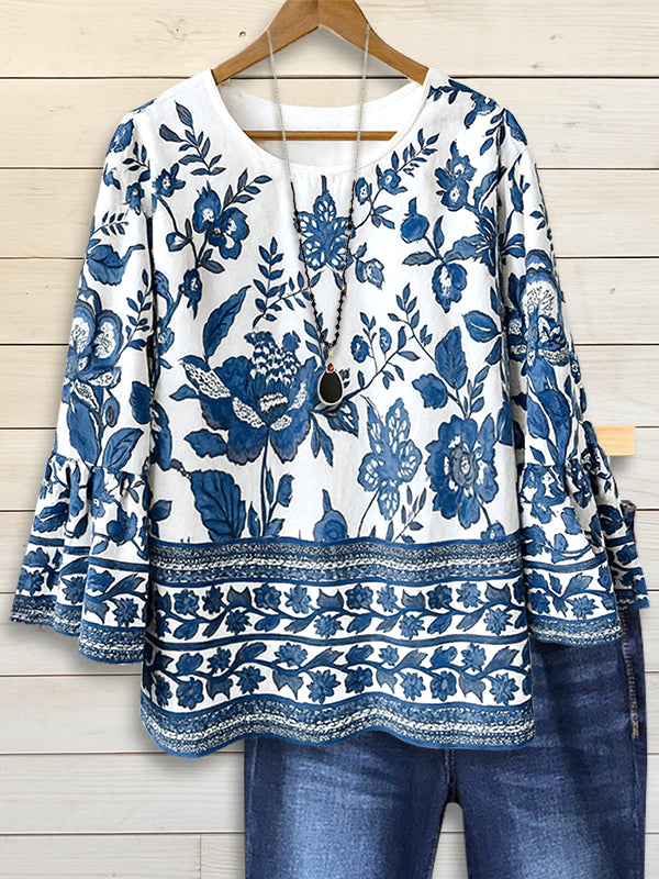 Bell Sleeve Blue &amp; White Floral Border Blouse