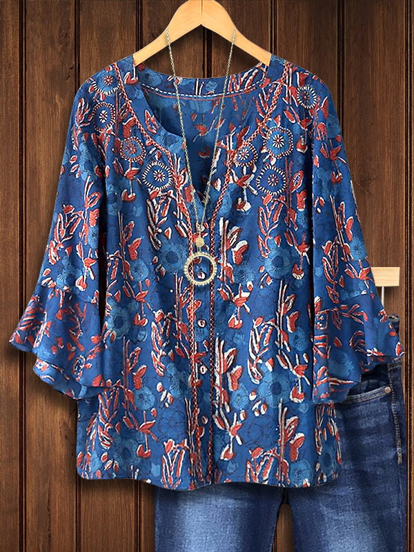 Split Neck Embroidered Bell Sleeve Top