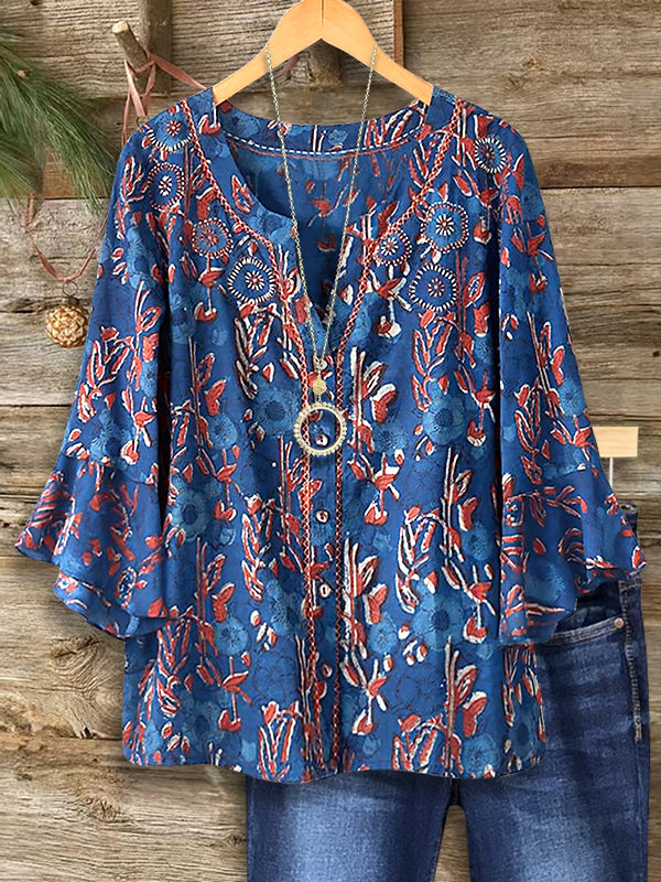 Split Neck Embroidered Bell Sleeve Top
