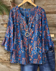 Split Neck Embroidered Bell Sleeve Top