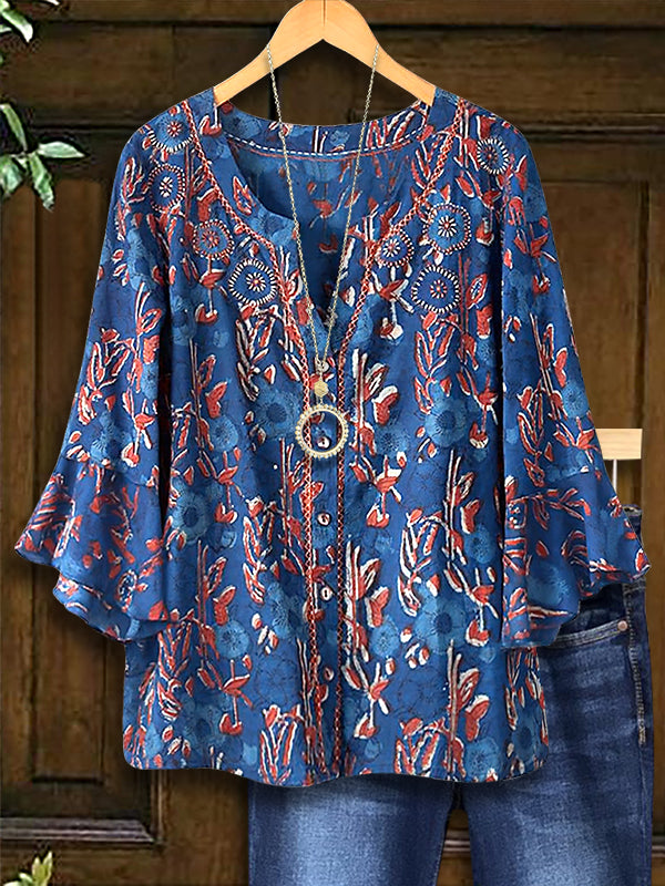 Split Neck Embroidered Bell Sleeve Top