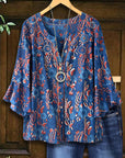 Split Neck Embroidered Bell Sleeve Top