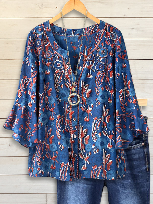 Split Neck Embroidered Bell Sleeve Top
