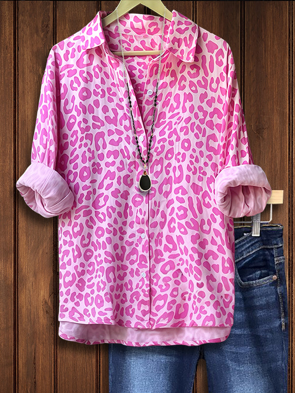 Collared Button-Front Pink Leopard Shirt