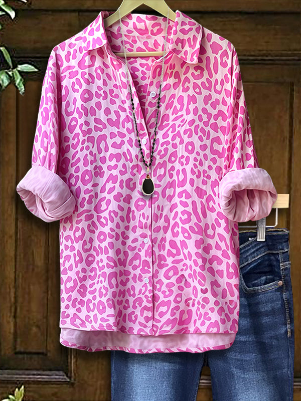 Collared Button-Front Pink Leopard Shirt