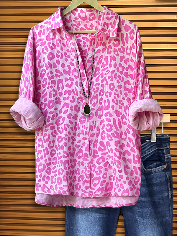 Collared Button-Front Pink Leopard Shirt