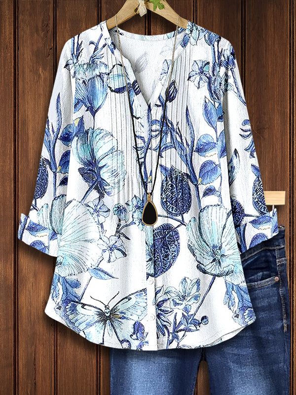 Pleated Front V-Neck Butterfly Floral Blouse