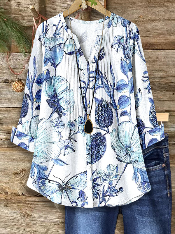 Pleated Front V-Neck Butterfly Floral Blouse