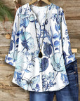 Pleated Front V-Neck Butterfly Floral Blouse
