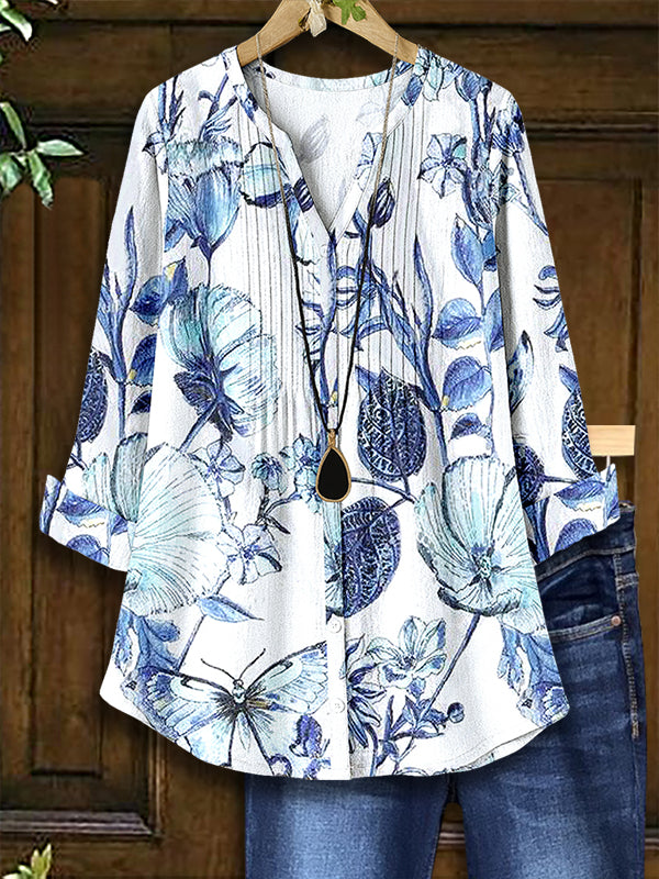 Pleated Front V-Neck Butterfly Floral Blouse