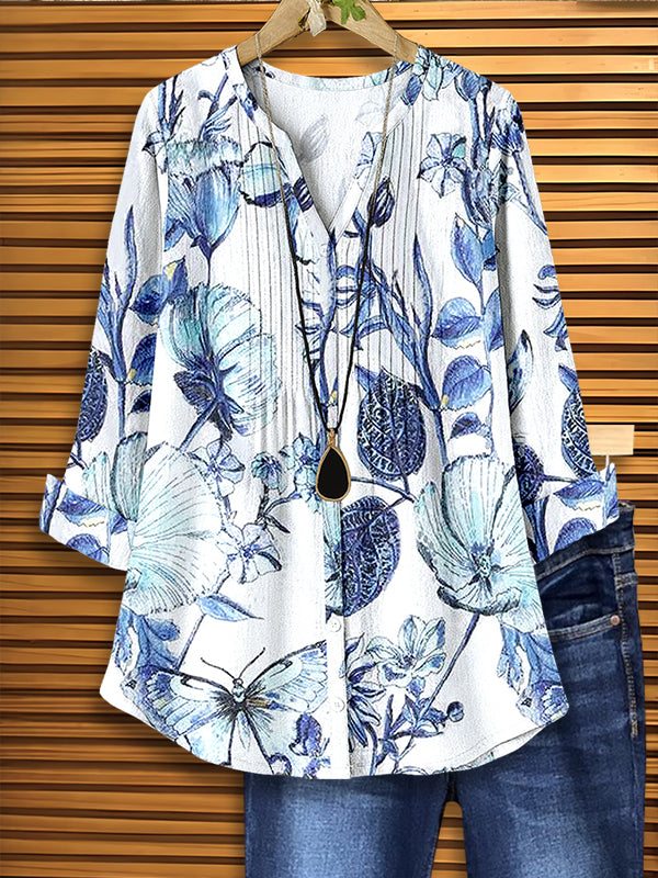 Pleated Front V-Neck Butterfly Floral Blouse