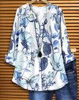 Pleated Front V-Neck Butterfly Floral Blouse