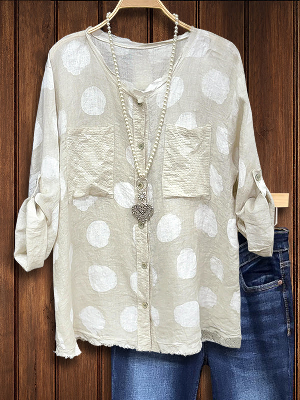 Dot Pocket Button-Up Blouse