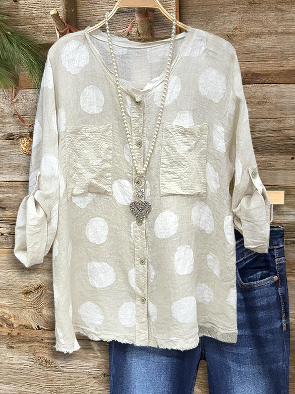 Dot Pocket Button-Up Blouse