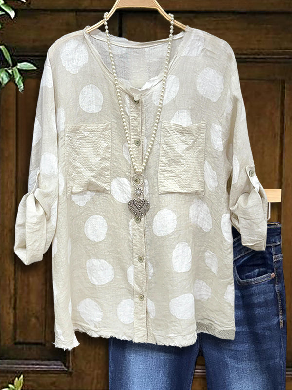 Dot Pocket Button-Up Blouse