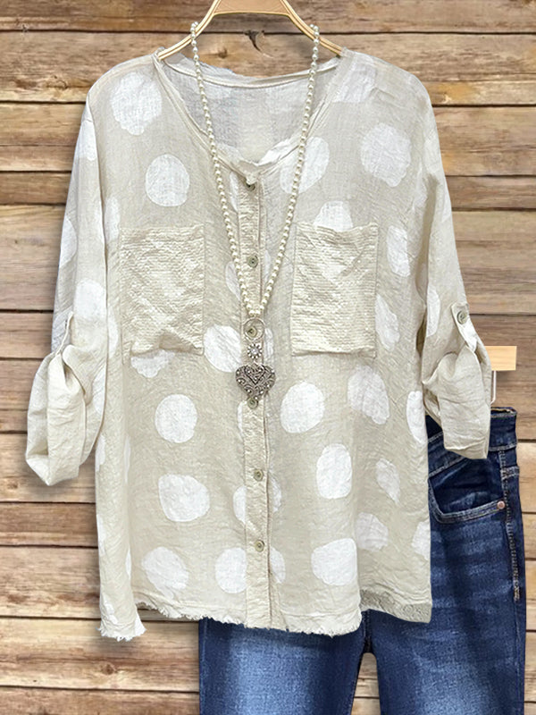 Dot Pocket Button-Up Blouse