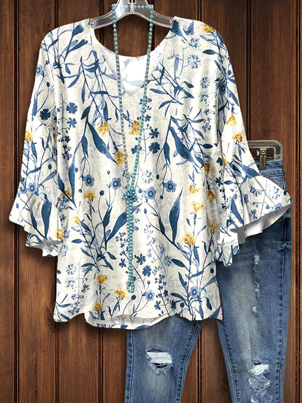 Natural Floral Bell Sleeve Top