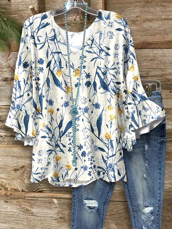 Natural Floral Bell Sleeve Top