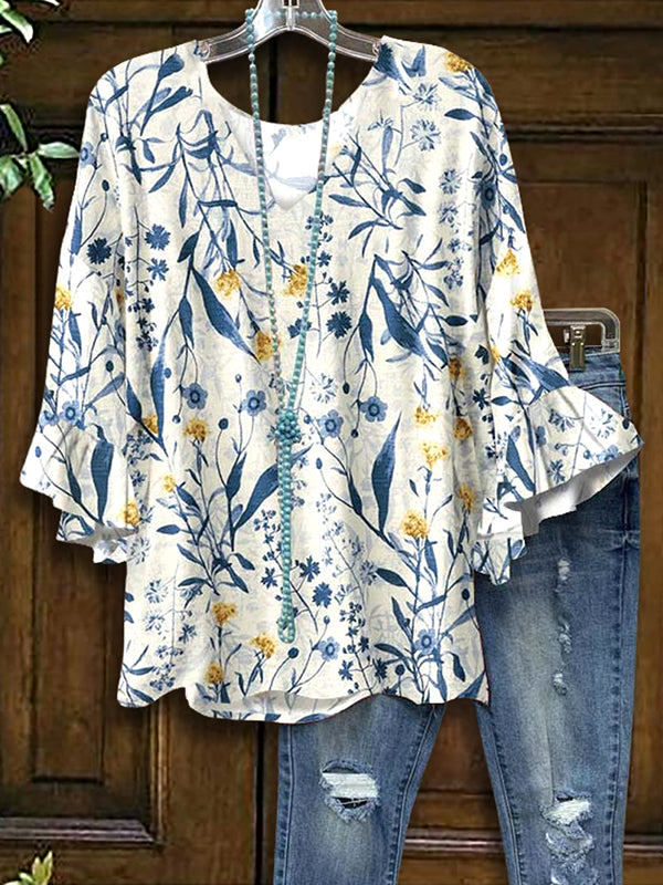 Natural Floral Bell Sleeve Top