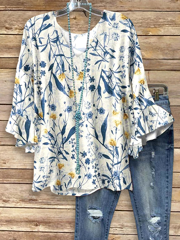 Natural Floral Bell Sleeve Top