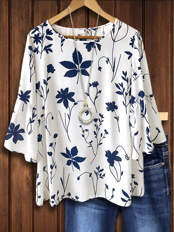 Navy Petal Ruffle Sleeve Blouse
