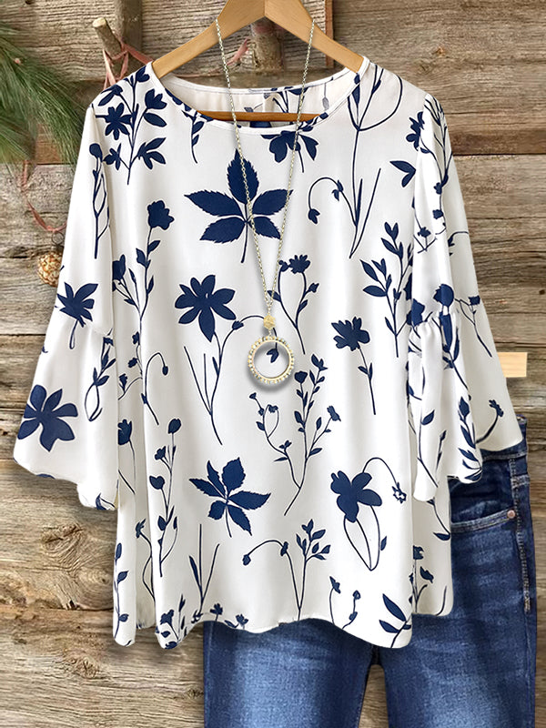 Navy Petal Ruffle Sleeve Blouse