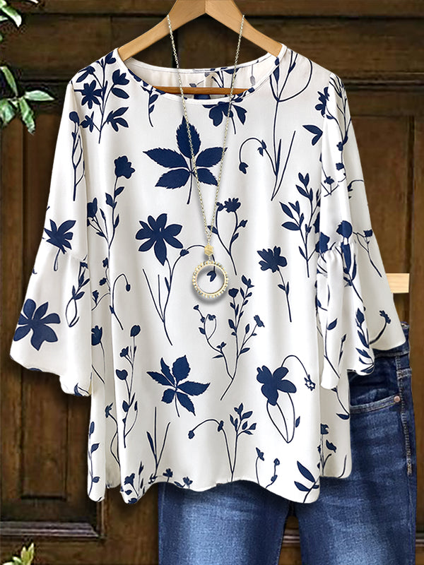 Navy Petal Ruffle Sleeve Blouse