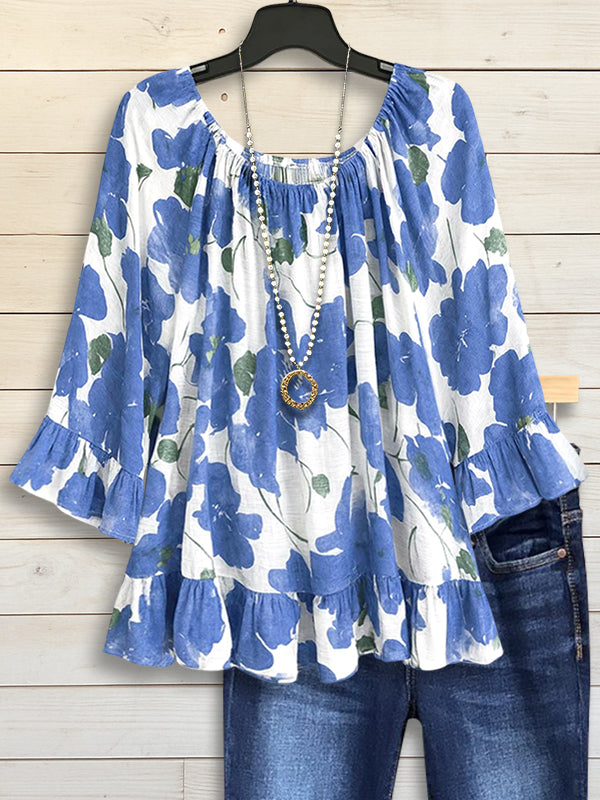 Ruffled Blue Peony Peasant Top