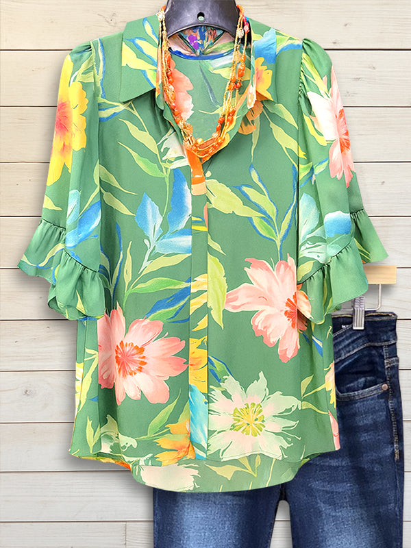 Summer Nature Print Ruffle Sleeve Shirt