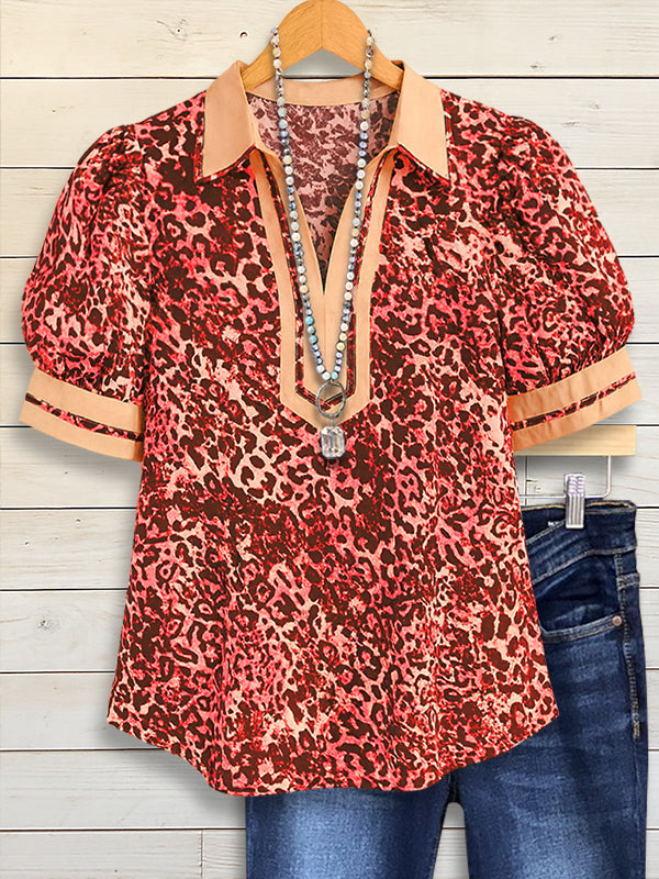 Coral Spice Collared Puff Sleeve Top