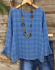 Blue Plaid Flare Sleeve Top