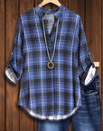 Navy Plaid Roll-Tab Sleeve Shirt
